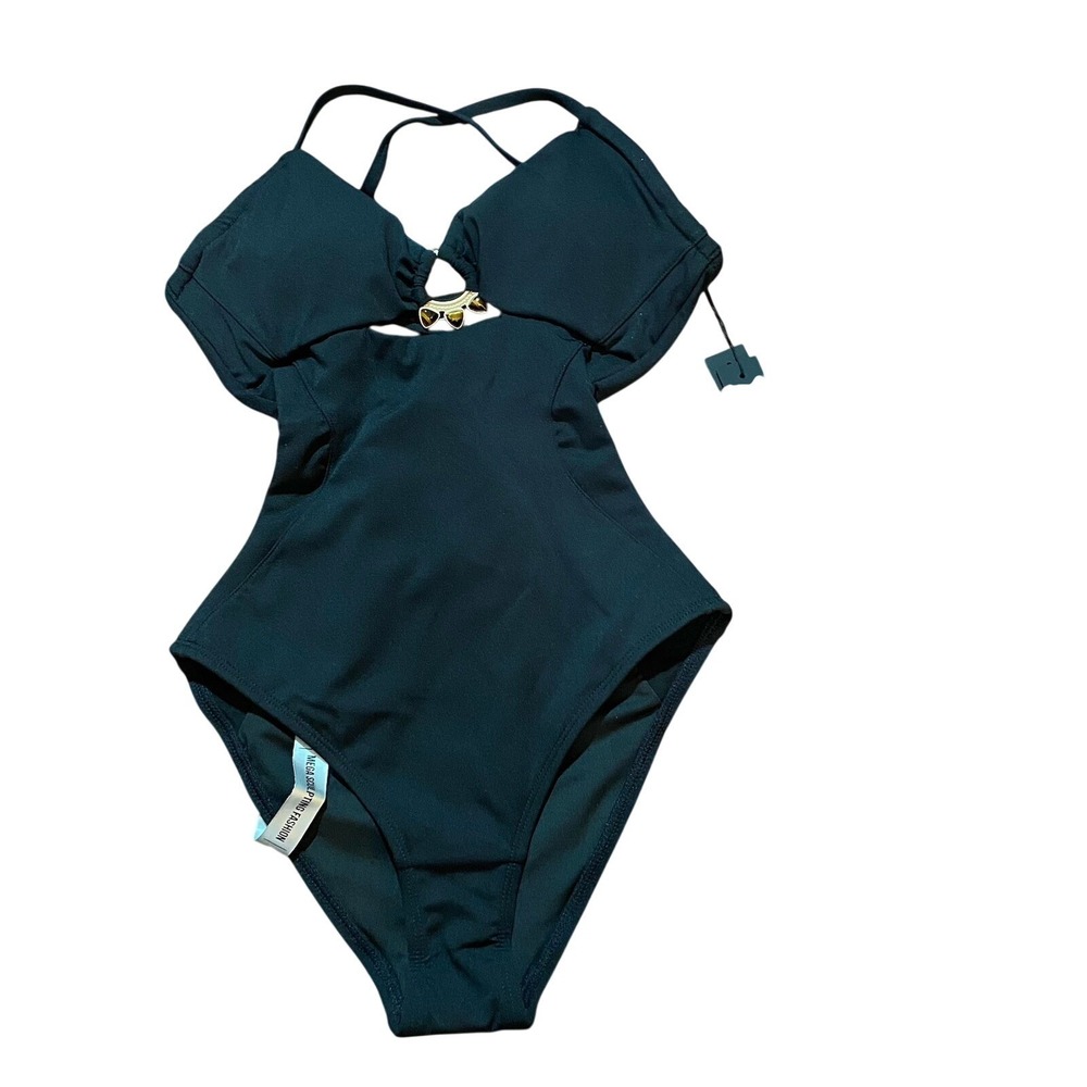 Ta3 NWT Black Strappy Cut Out One Piece Swimsuit XXS Regular Length Gold Accent